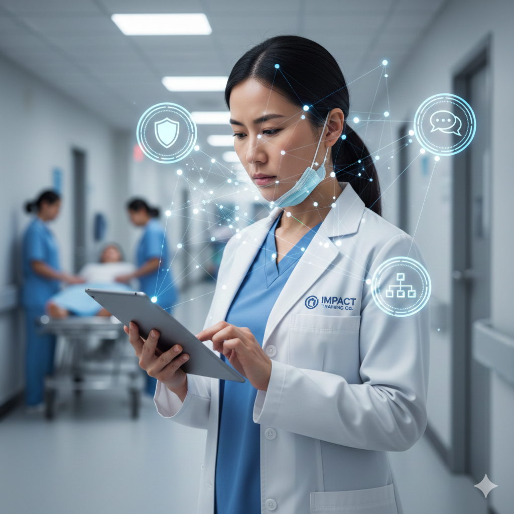 Healthcare professional using a digital tablet in a hospital hallway with a glowing neural network overlay representing strategic thinking steps, safety, and communication.